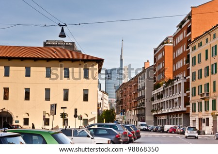 MILAN, ITALY - MAR 30: A street view of the city of Milan on March 30, 2012. The new Torre Garibaldi, inaugurated in October 2011, is the highest building in Italy with its 230 meters.