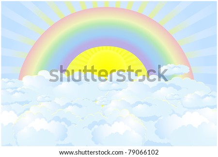 Rainbow in the sun with radiating rays and cumulus clouds