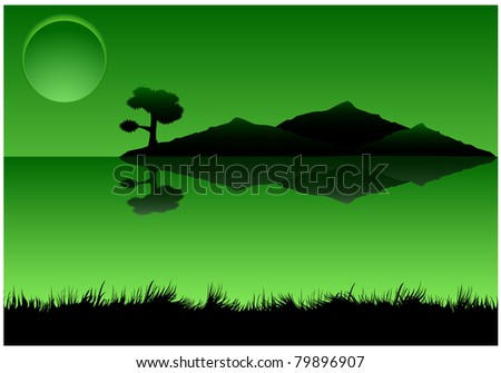 Night landscape with a lake, mountains, lonely tree and the full moon