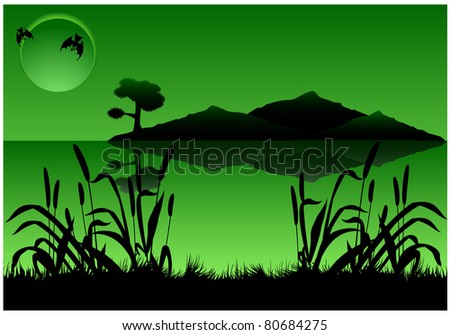Night landscape with a lake, reeds, full moon and bats