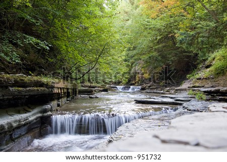 Color DSLR landscape picture of a small stream and waterfall, with green trees and a stone wall, Stony Brook, New York.  The image is in horizontal orientation with copy space for text.