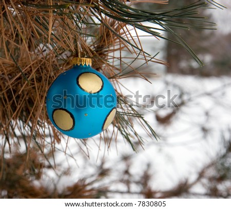 Color DSLR image of round blue and gold Christmas holiday ornament. Shiny, festive decoration is in a snowy pine tree. Horizontal orientation with copy space for text.