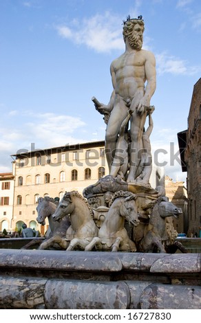 Color DSLR image of Fountain of Neptune by Bartolomeo Ammannati, Piazza della Signoria, Florence, Italy. Public art installations are popular tourist attraction in famous city. Copy space for text.