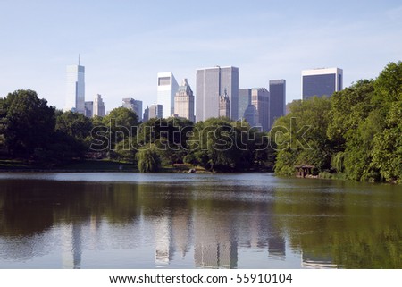 Central Park Lake, New York City; in horizontal orientation with the urban skyline in the background