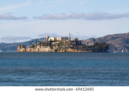 The Rock, Alcatraz in San Francisco harbor, in horizontal orientation with copy space for text