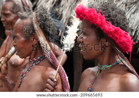 PAPUA PROVINCE, INDONESIA -DEC 28: The woman of a Papuan tribe in traditional clothes and coloring at New Guinea Island, Indonesia on Dec 28, 2010