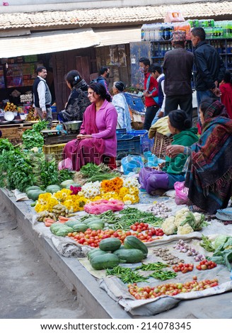KATHMANDU, NEPAL - CIRCA APRIL 2014: The street vendor sels his fruits and vegetables in Thamel in Kathmandu, Nepal.