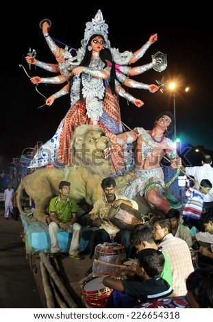 KOLKATA, INDIA - OCT 06: An annual Hindu festival in South Asia that celebrates worship of the Hindu goddess Durga on October 06, 2014 in Kolkata, India.
