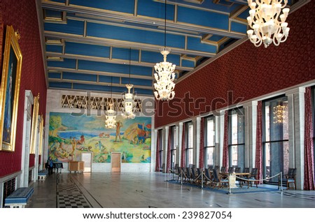 OSLO, NORWAY - SEPT 20, 2014: Interior of the Oslo city hall. Oslo City Hall is house the city council, city administration, and art studios and galleries.