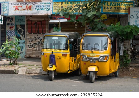 PONDICHERRY (PUDUCHERRY), INDIA - OCT 12, 2014: Auto rickshaw or tuk-tuk on the street  in Pondicherry also known as Puducherry, India, on 12 Oct 2014