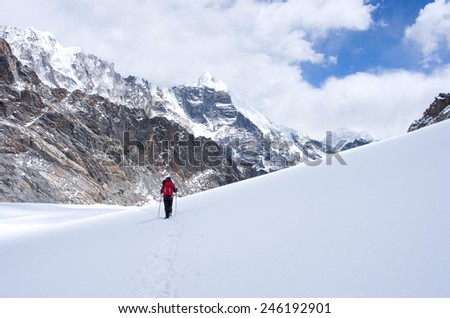 Hiking group on a trail. Sagarmatha National Park, Nepal, Himalayas
