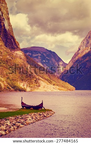 Old viking boat at Sognefjord, Norway