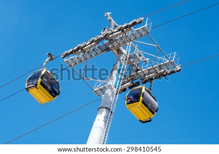 LA PAZ, BOLIVIA - APR 03, 2015: Cable cars carry passengers in La Paz. Aerial cable car of urban transit system opened in 2014 in the Bolivian city of La Paz.
