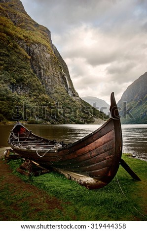 Old viking boat in Sognefjord, Norway