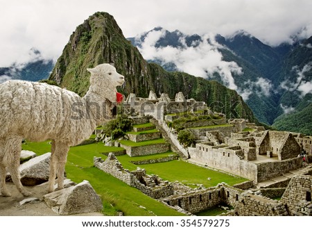 Lama in Machu Picchu, Peru. UNESCO World Heritage Site