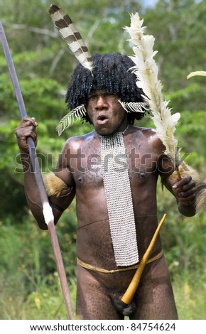 NEW GUINEA, INDONESIA -DECEMBER 28: The warrior of a Papuan tribe in traditional clothes and coloring in New Guinea Island, Indonesia on December 28, 2010
