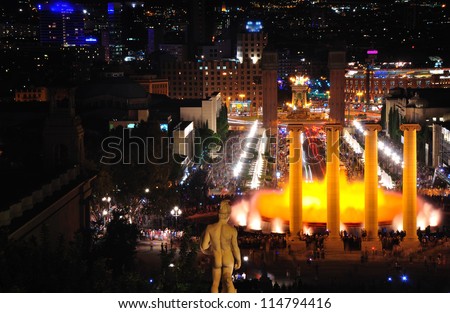 The night show of singing fountains in Barcelona  Spain