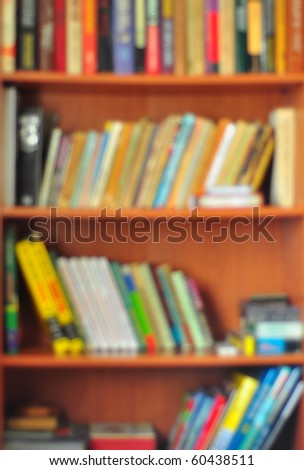 Bookcase shot with soft focus, as a blurred background.