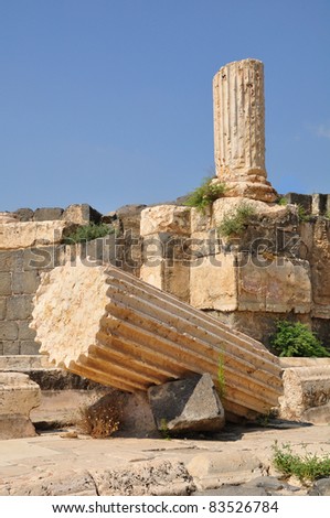 Broken antique columns  in ruined  city of Beit Shean. Israel.