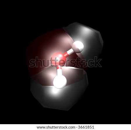 A single  water molecule. The red balls represent hydrogen atoms the white ball represents an oxygen atoms. The clouds show the surface of the molecule