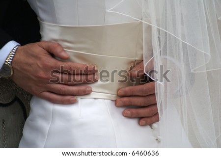 A groom\'s hand on his bride\'s waist