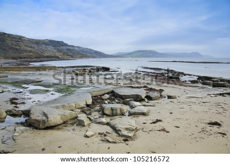 rocks on the beach of the jurassic coast in lyme regis dorset england