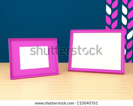 Picture Frames for Home Decoration. Pink photo frames on wooden table.