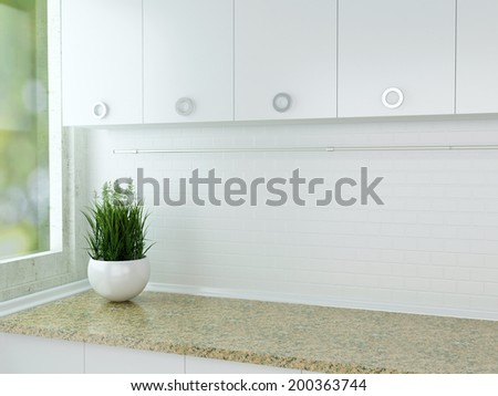 Vase with plant on the marble worktop. White kitchen design.