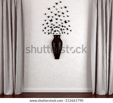 Modern interior design. Butterfly decoration on the living room wall.