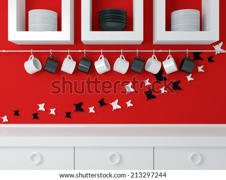 Modern kitchen design, white furniture and red wall. Ceramic kitchenware on the shelf. Butterfly decor on the wall.