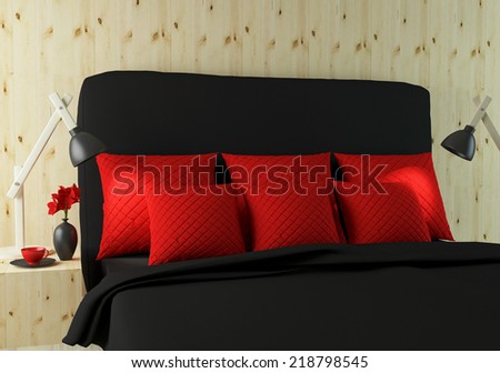 Modern bedroom interior design. Wooden wall, black and red bed.