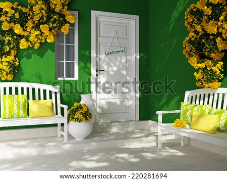 Front view of white door on a green house with window. Beautiful yellow roses and benches on the porch. Entrance of a house.