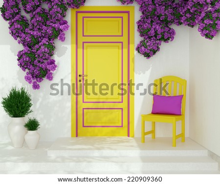 Front view of yellow door on a white house with window. Beautiful purple roses and chair on the porch. Entrance of a house.