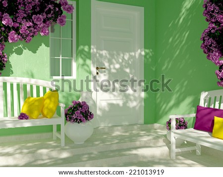 Front view of door on a green house with window. Beautiful purple roses and benches on the porch. Entrance of a house.