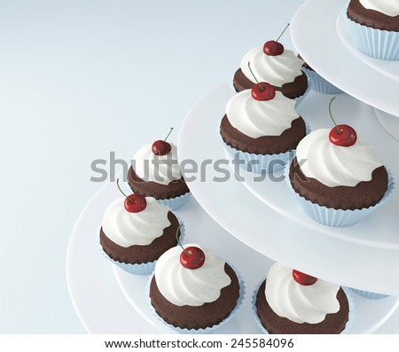 Chocolate cupcakes with ice-cream and cherries on a white ceramic stand.
