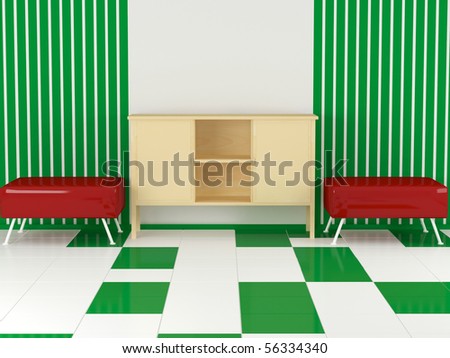 Two modern red armchairs with wooden bookcase, 3d illustration/render
