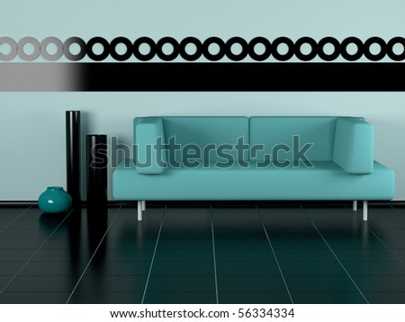 Nice composition. Green sofa, three vases in the room, black floor, green wall with black ornament, 3d illustrations