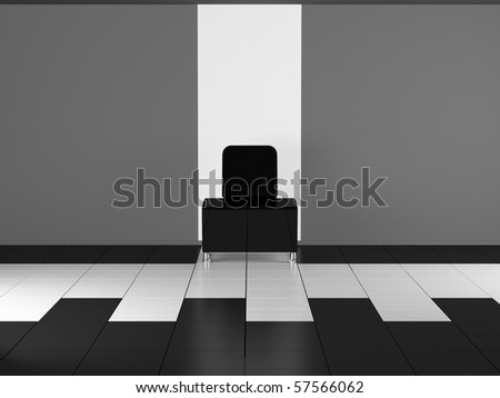 Modern black sofa in the black and white room, 3D illustrations/render