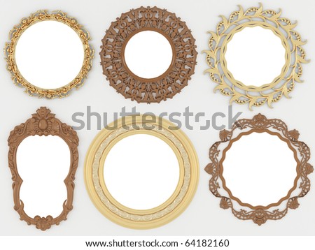 Decorative vintage gold and wooden empty round picture frames insert your own design, isolated, render/illustration, similar sets available in my portfolio