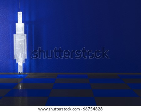 Interior design, crystal chandelier in front of blue wall, minimalism, rendering