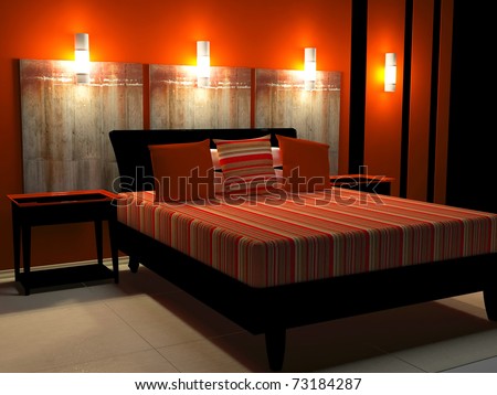Modern Interior Design Of Black And Red Bedroom, 3d Render Stock ...