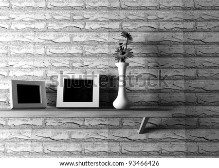 ceramics vase with flower and two picture frames on the shelf, 3d render