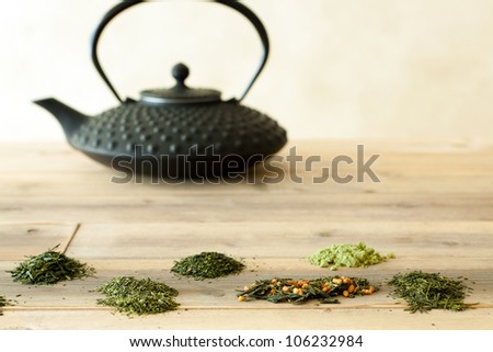 Six different Japanese teas in the form of tea leaves and ground tea