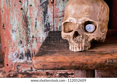 Glass eye in a creepy halloween antique skull
