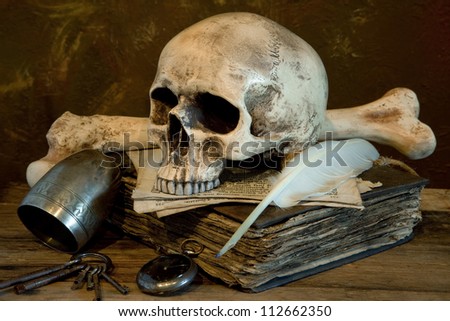 Old master photo of a skull on an antique book