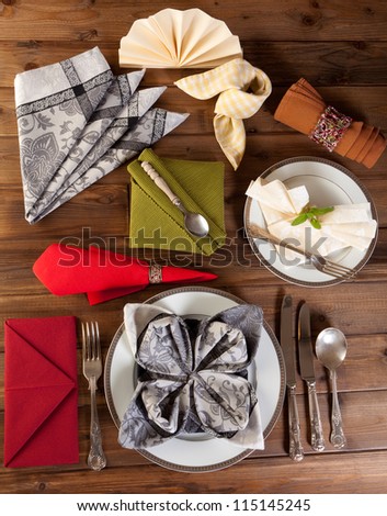 Collection of many different ways of napkin folding for festive tables