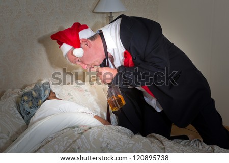 Funny drunk husband coming home after a party and checking if his wife is sleeping