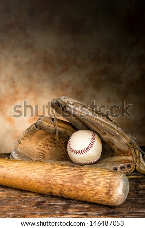 Baseball Bat With Ball And Old Weathered Glove