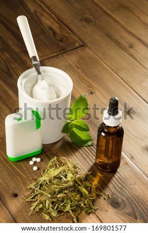 Natural sweetener stevia in various forms like dried liquid powder and dissolvable tablets