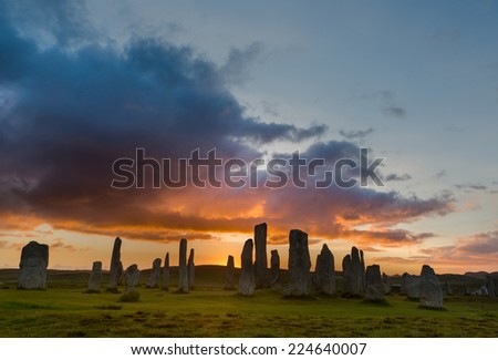 Megalithic stone circle of 3000 bc on the Isle of Lewis and Harris, Outer Hebrides, Scotland at sunset